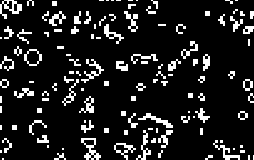 The Game of Life occurs on an infinite 2D
  grid. Black cells are dead, while white cells are alive. (Click thumbnail to open a demo)